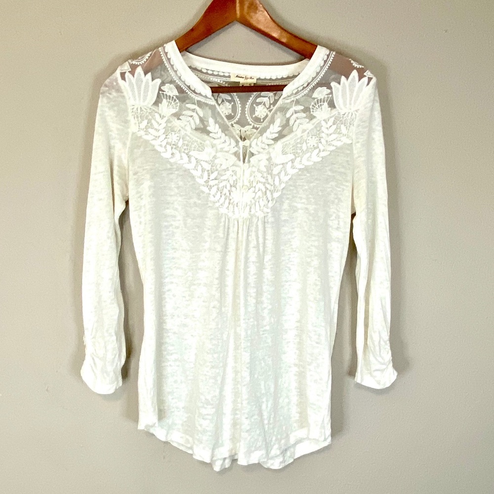 Anthropologie White Long Sleeve Top Lace Ruching